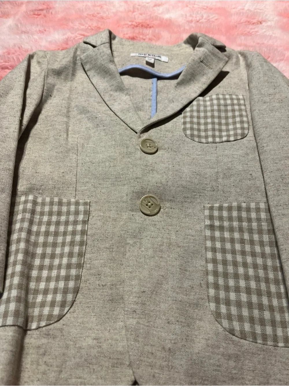 Isaac Mizrahi Kids Beige Blazer with Gingham Patch Pockets